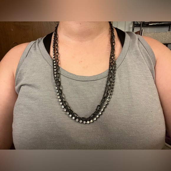 J Crew Rhinestone Multi Strand Necklace Gunmetal Black Chain Link - Picture 3 of 10